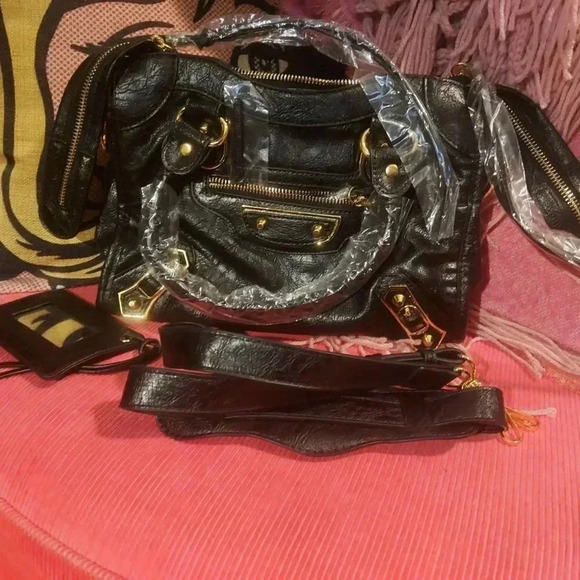 Black Vegan Leather Moto City Satchel Bag with Tassels Removable Strap - Picture 1 of 15